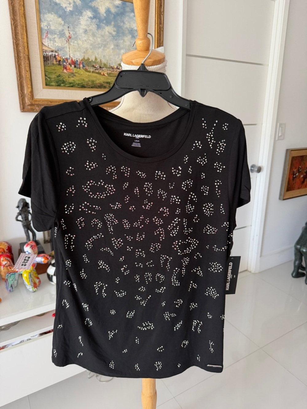 Karl Lagerfeld Black Short-Sleeve Tee with Silver Stud Pattern